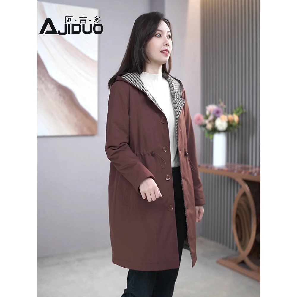 A23167复古气质休闲连帽中长款夹棉外套女秋冬遮屁股显瘦保暖棉服