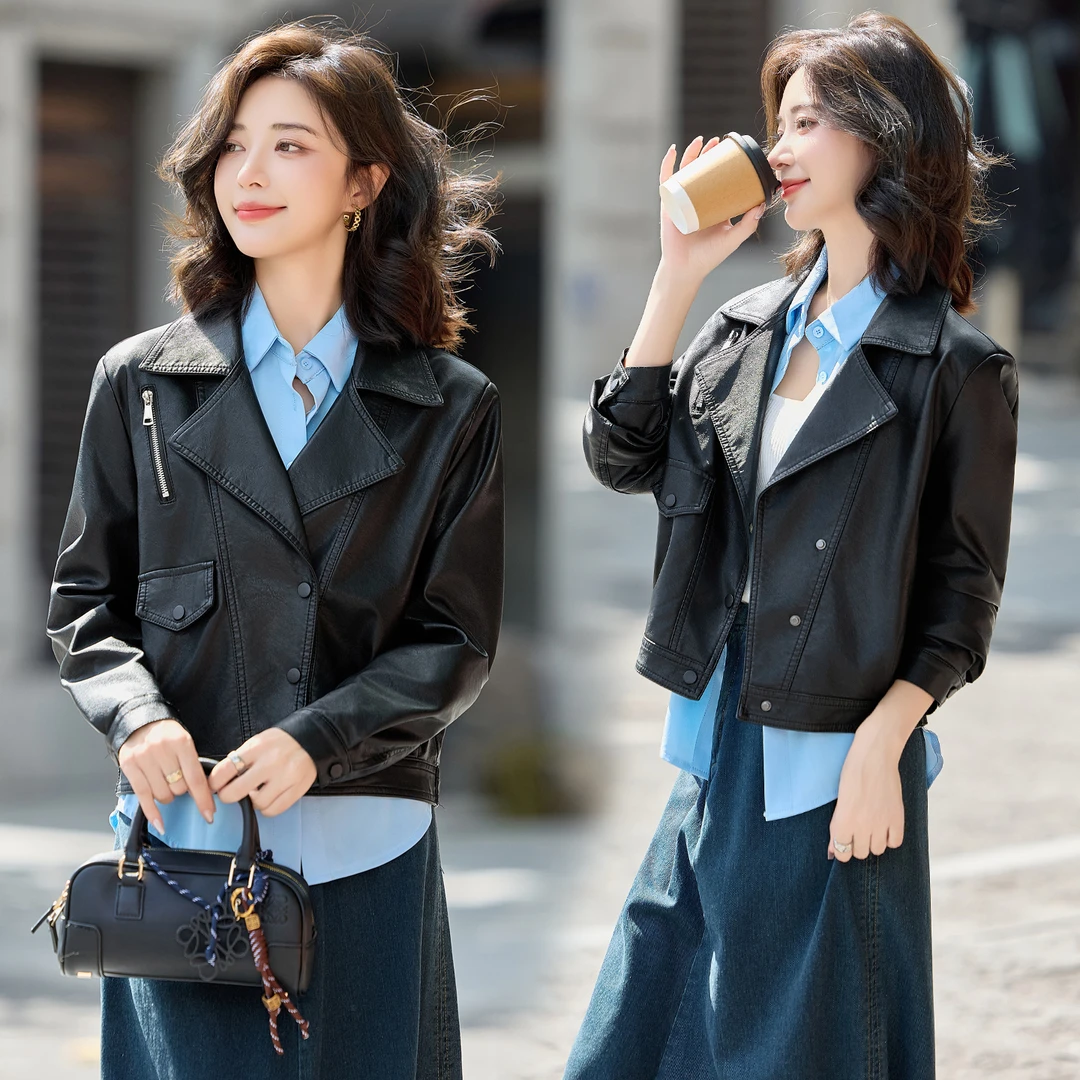 短款机车服皮衣外套女小个子气质百搭2025春秋韩版显瘦pu皮夹克潮