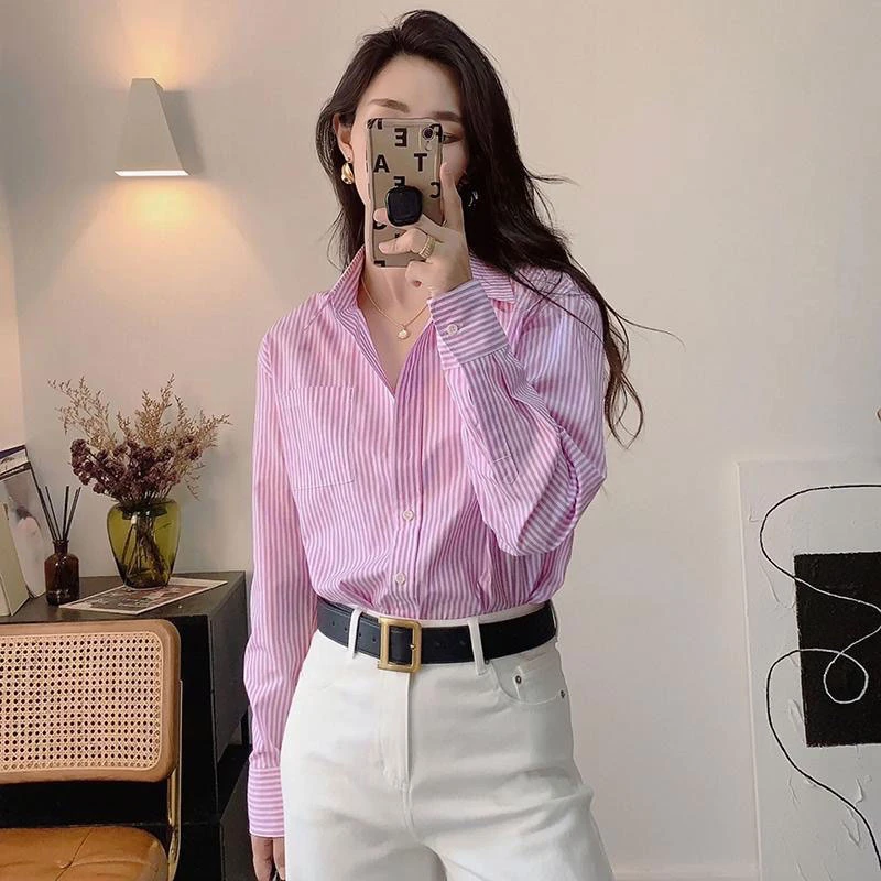粉色条纹衬衫长袖小清新衬衣2025早春女款法式轻熟上衣设计感高级