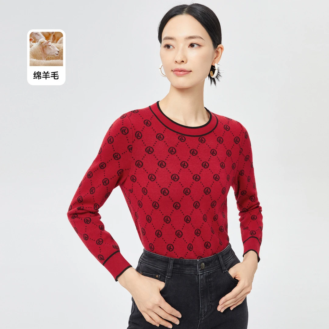 【婷婷专属】春秋复古高级感显白红色洋气格纹圆领保暖通勤针织衫女