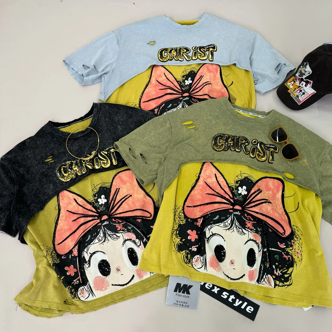 2025夏季重工小女孩假两件短袖T恤 114