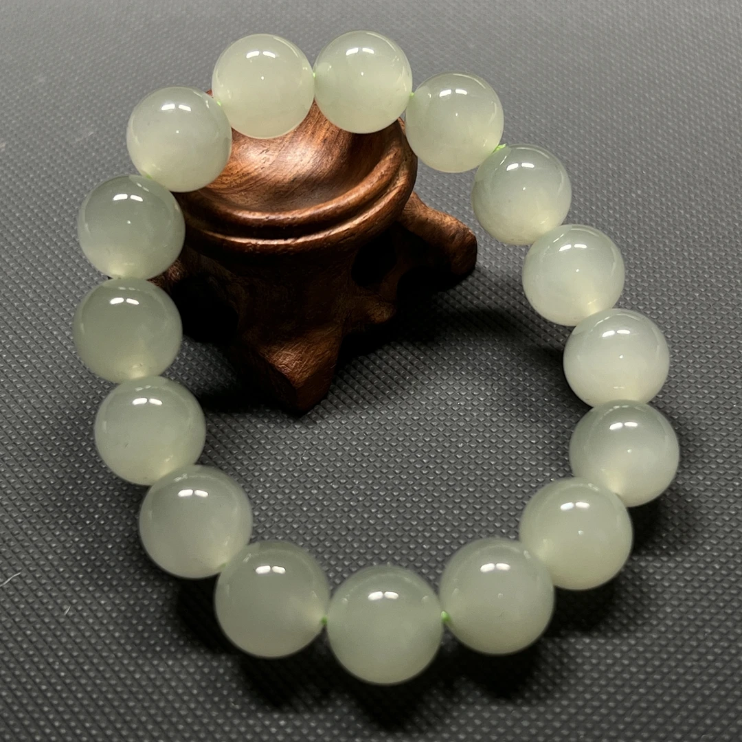 【伟伟鉴定】和田玉冰底果冻猫眼 晴水 圆珠手串 12mm 高冰透 时尚