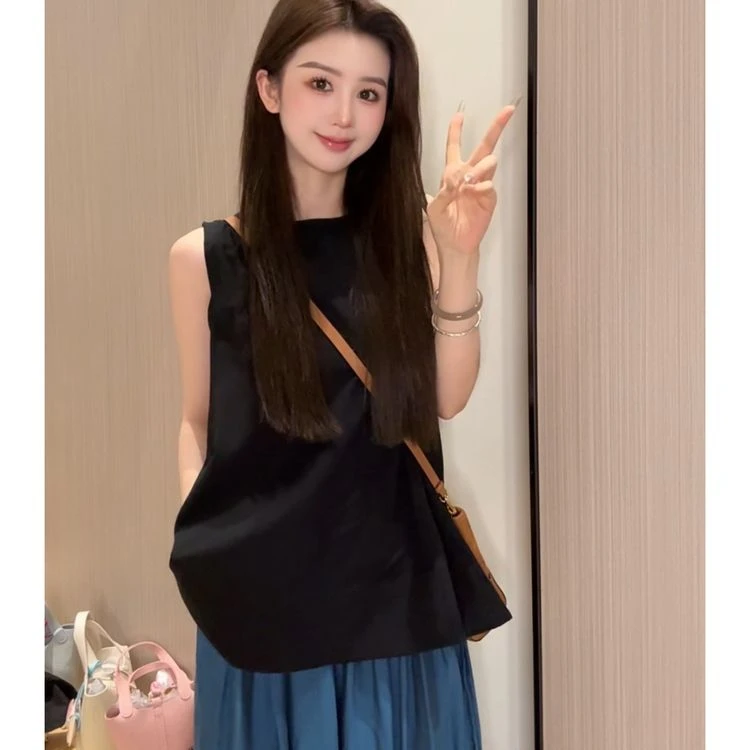 2025夏季新款时尚百搭圆领露背无袖衬衫背心女休闲通勤外穿上衣