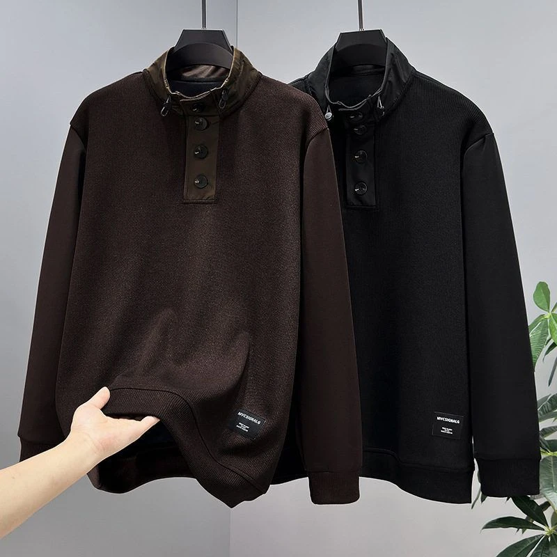 嘻哈拼接潮流大码男士立领春秋时尚卫衣针织宽松显瘦长袖打底衫