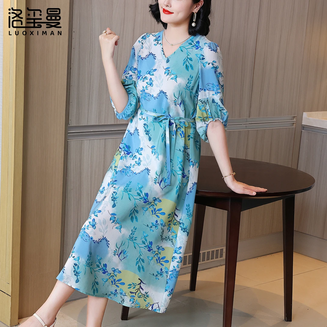 洛玺曼真丝V领显瘦套头连衣裙桑蚕丝中年妈妈印花气质优雅大码裙