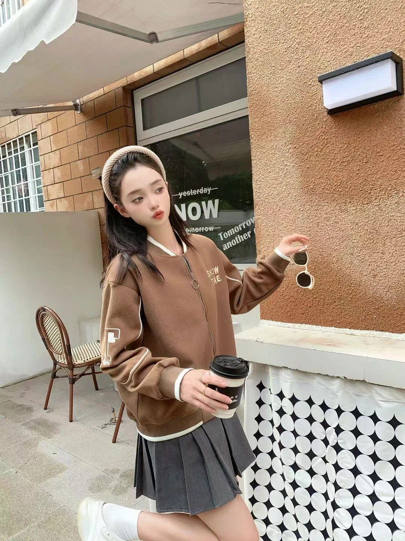 2025年外套女春秋连帽卫衣韩版时尚潮流长袖宽松百搭立领翻领减龄