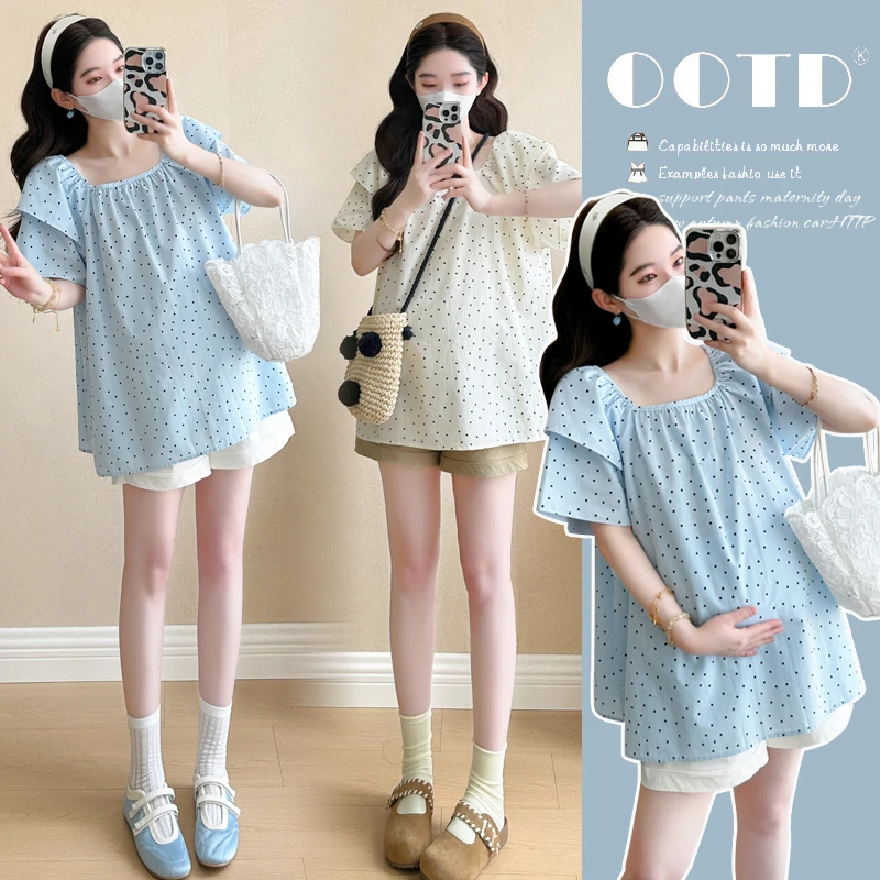 2025新款孕妇韩版甜美洋气波点宽松方领中长款娃娃衫上衣短裤