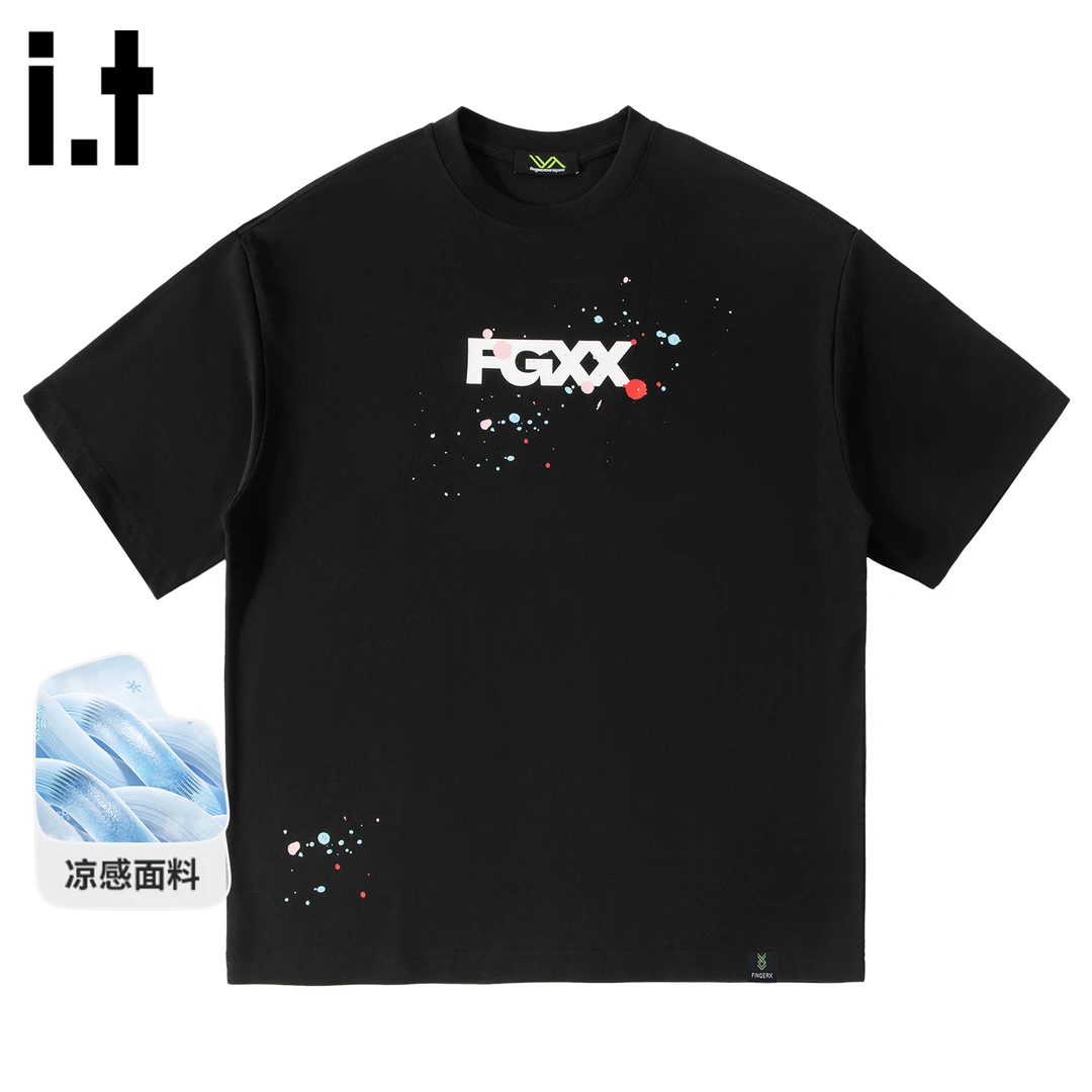 itFINGERCROXX短袖t恤男重磅凉感休闲简约男装黑色体恤五分袖学生