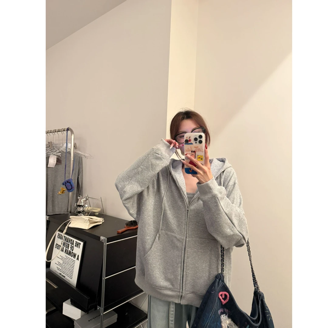 泡泡Studio 【百搭神衣】慵懒风宽松连帽拉链卫衣 简约气质时尚