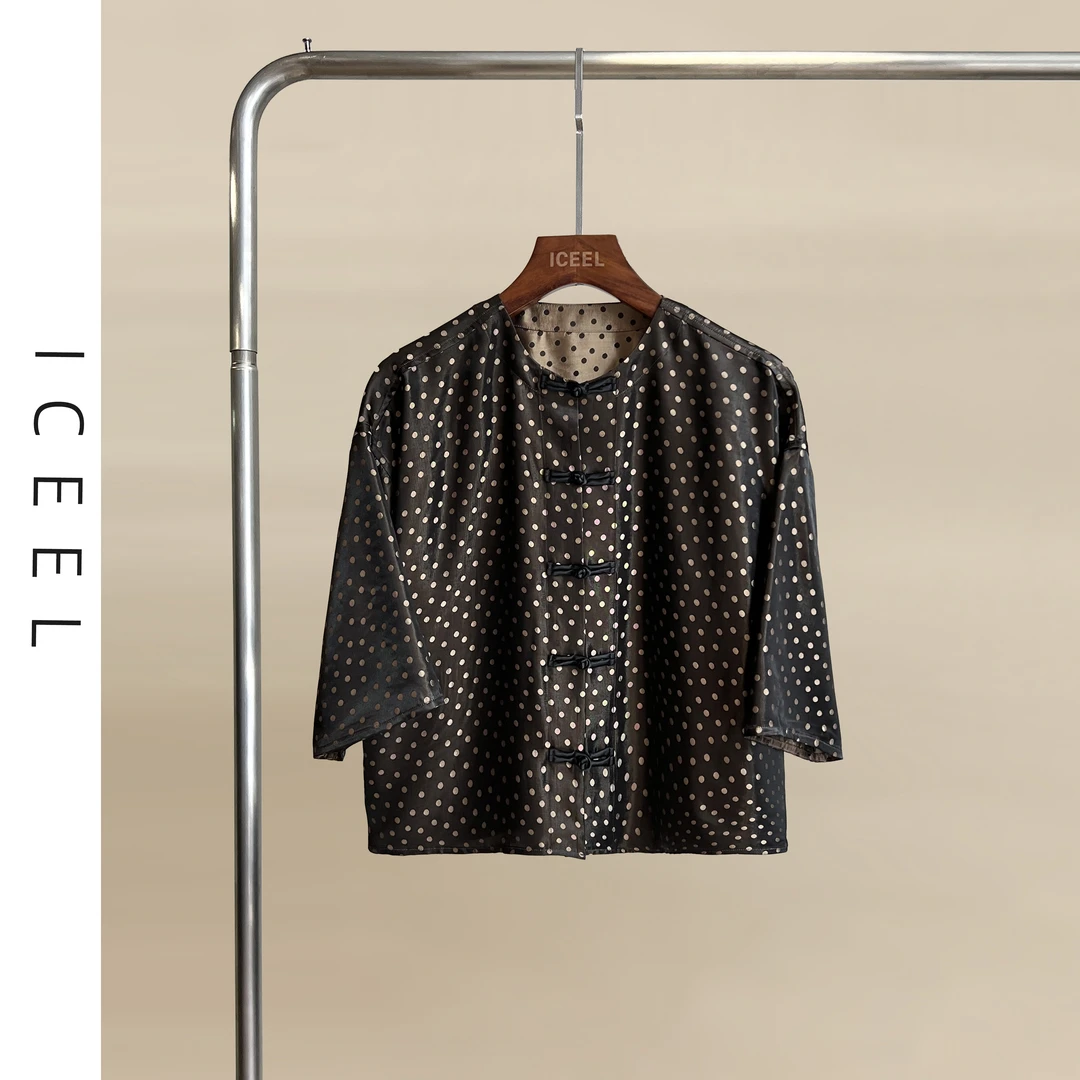 原创夏季新款国风新中式盘扣垂坠感衬衫女圆领气质短款小波点上衣