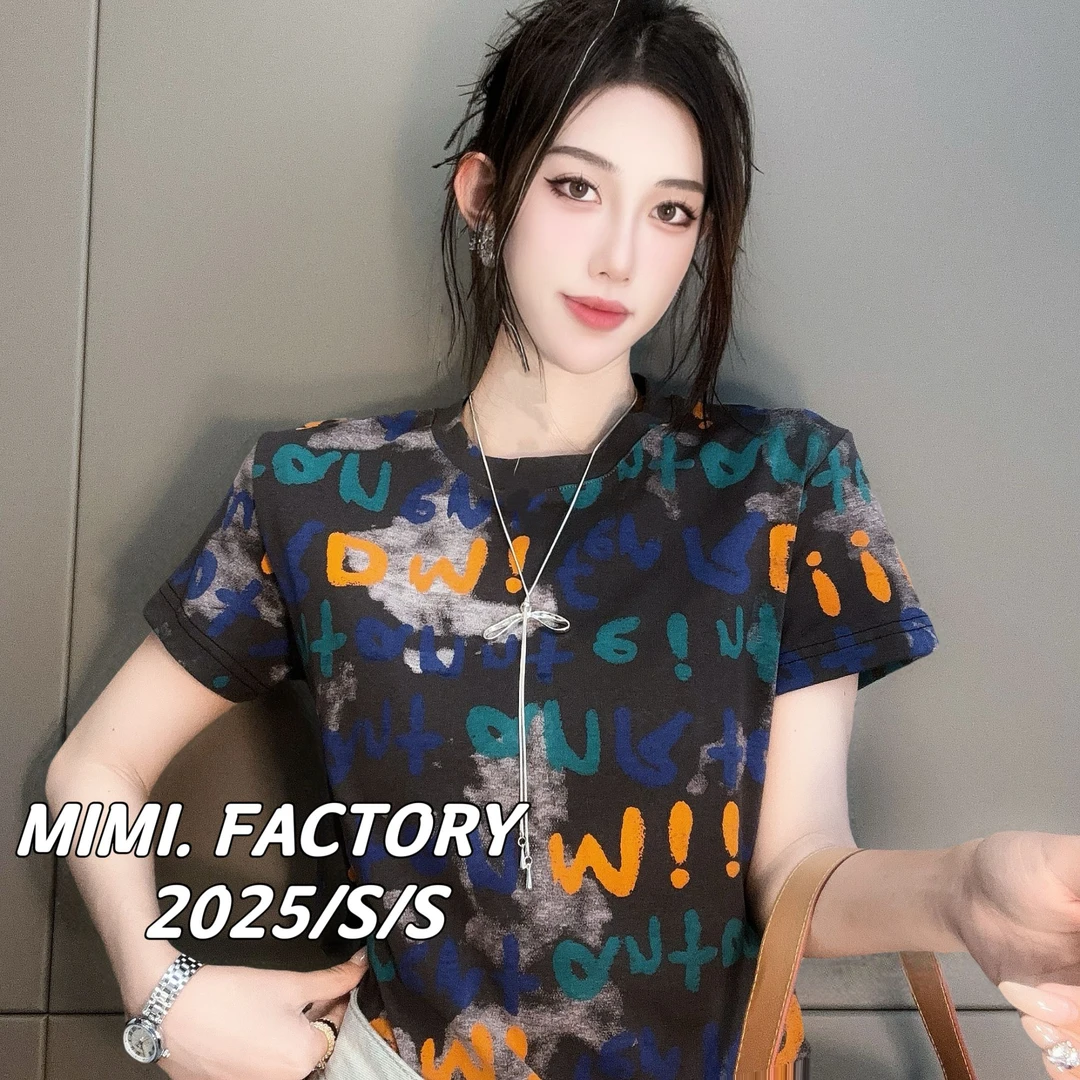 芈芈 2025新款短袖 欧货满印字母印花短袖T恤女显瘦百搭上衣4262