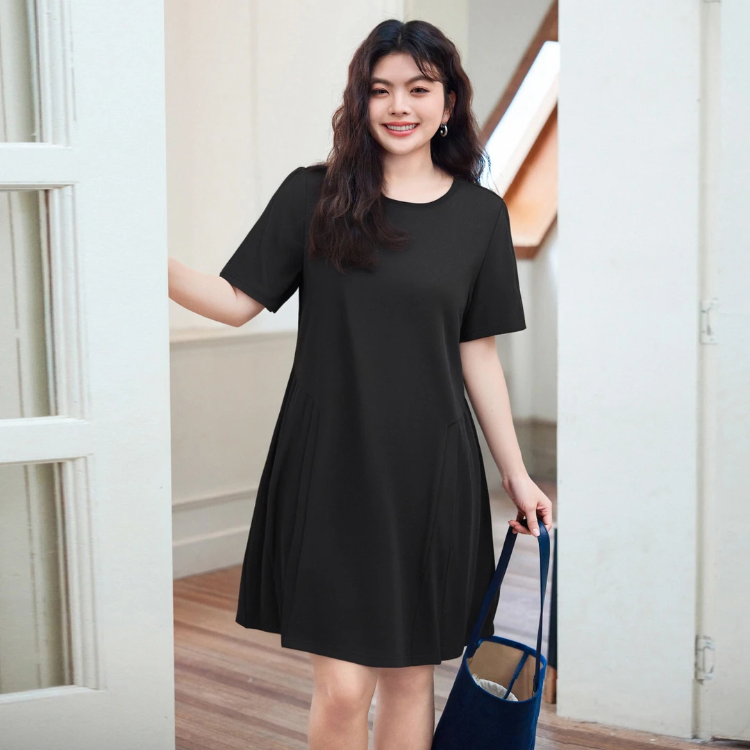 【珠地棉】MsShe大码女装新款夏季显瘦宽松压褶连衣裙M2505043