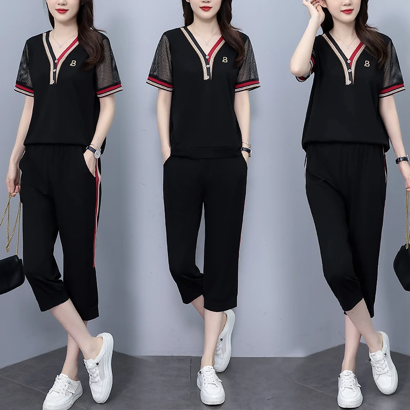 胖MM夏季宽松套装2025夏季时尚减龄简约显瘦V领上衣七分裤两件套