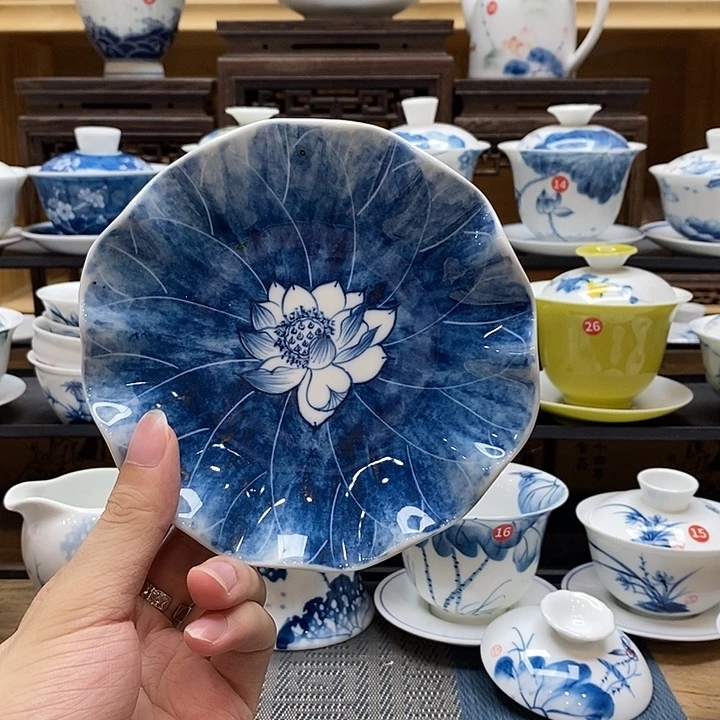 手绘蓝莲花壶承釉下彩高温瓷微瑕福利款