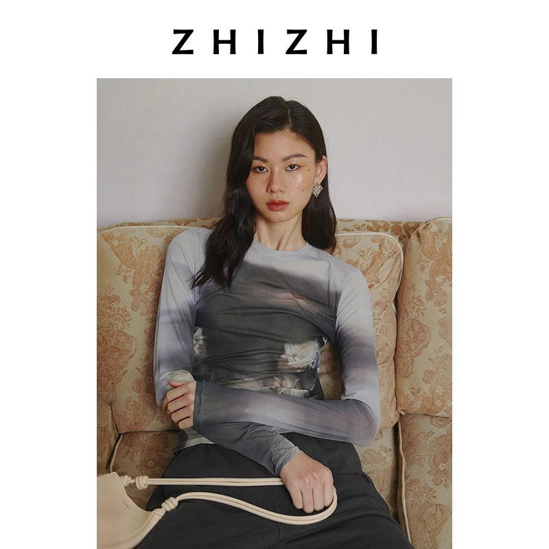 致知 云盖雪 猫咪印花皮肤衣女25春季新款轻薄打底衫ZZ2ESWT7006