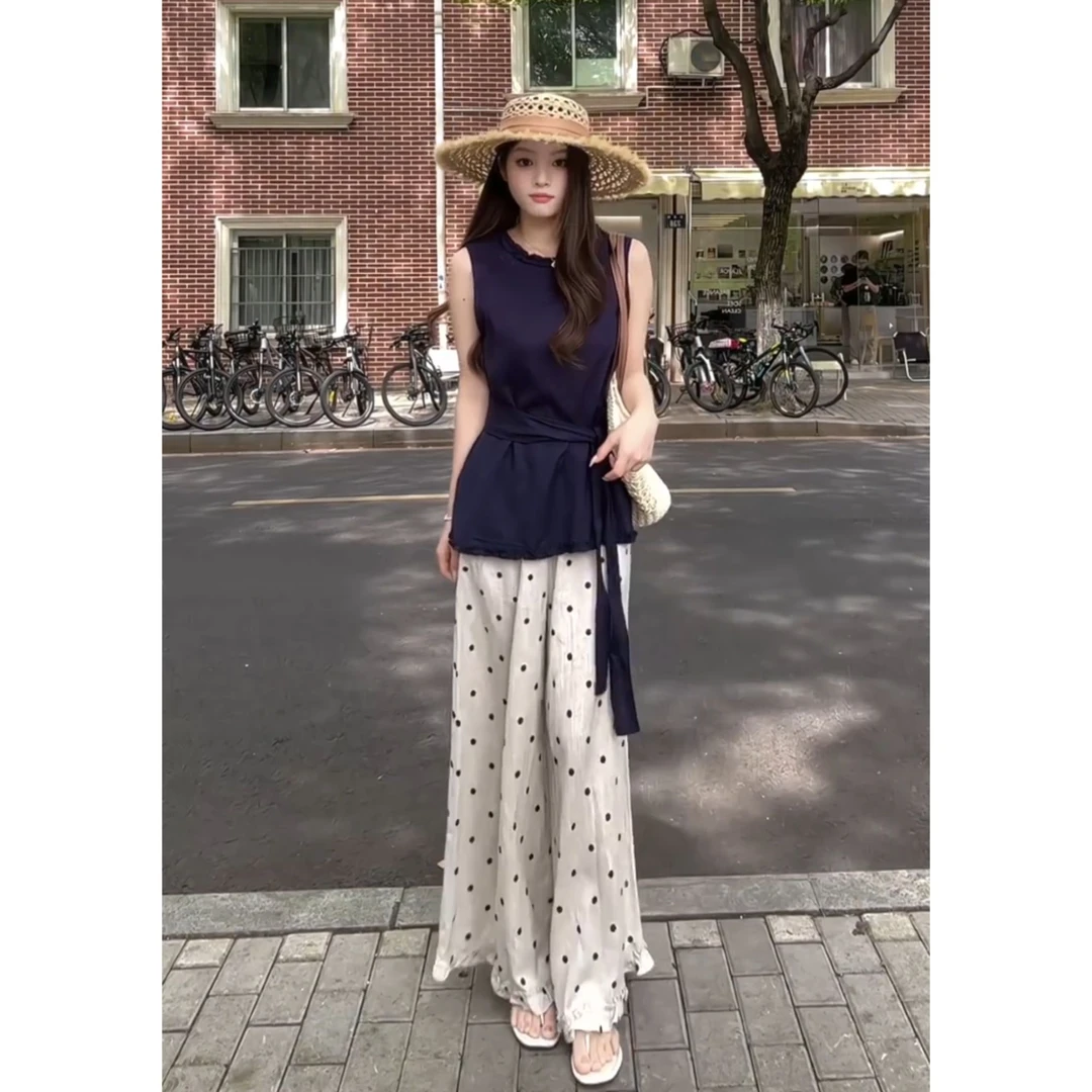 韩系复古小众藏蓝色无袖吊带背心上衣波点休闲长裤套装