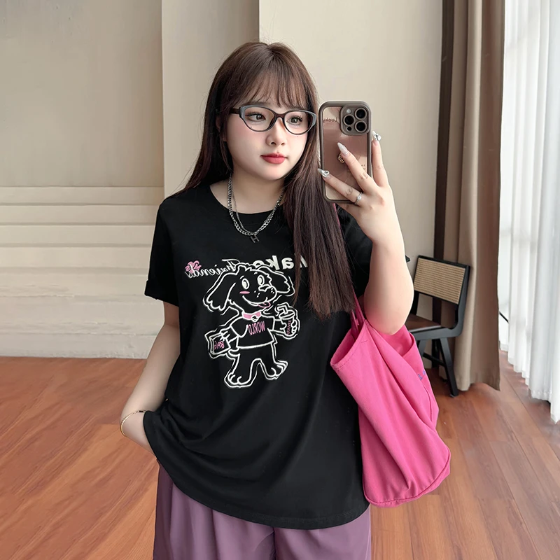 DX7222大码女装【潮牌狗狗T】美式撞色短袖T恤夏季遮肚子显瘦上衣