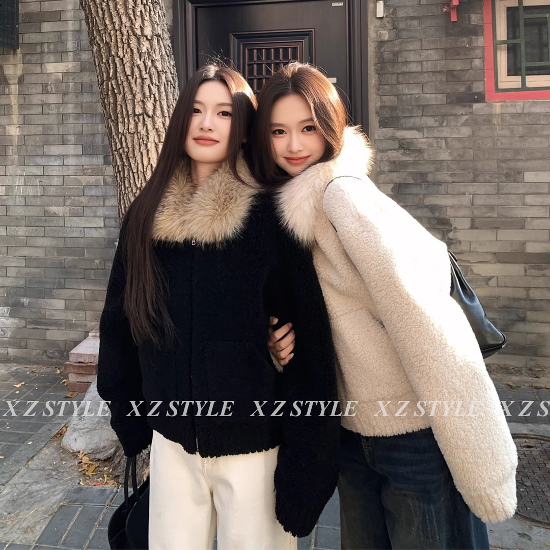 复古大毛领舒适毛外套女初冬季新款皮毛一体加厚毛绒休闲夹克上衣