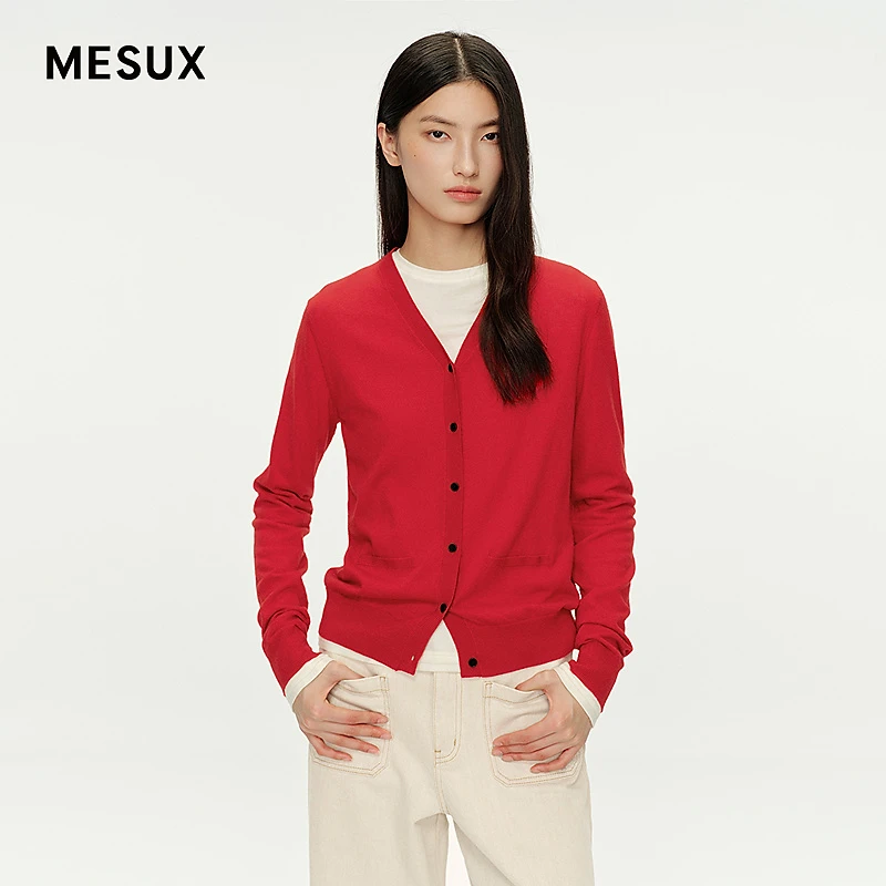 MESUX米岫25秋冬桑蚕丝羊毛红宝石色V领短款针织开衫上衣MNFUE517