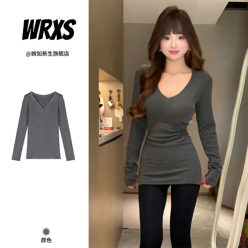 【婉如新生】美式辣妹正肩V领好穿灰色长袖t恤女设计感修身显瘦上衣