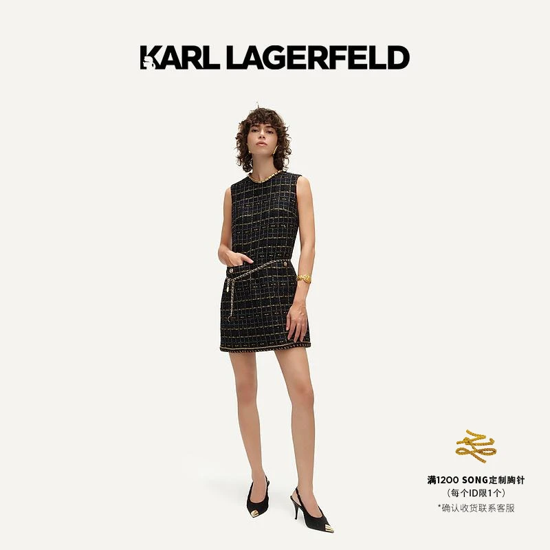 KARL LAGERFELD卡尔拉格斐春黑金格纹花呢直身无袖连衣裙E41W1315