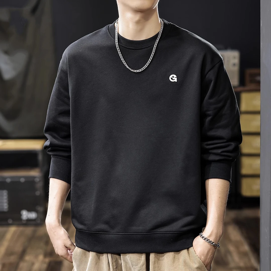 360g重磅春季美式复古圆领卫衣男士春秋宽松大码长袖上衣加肥加大