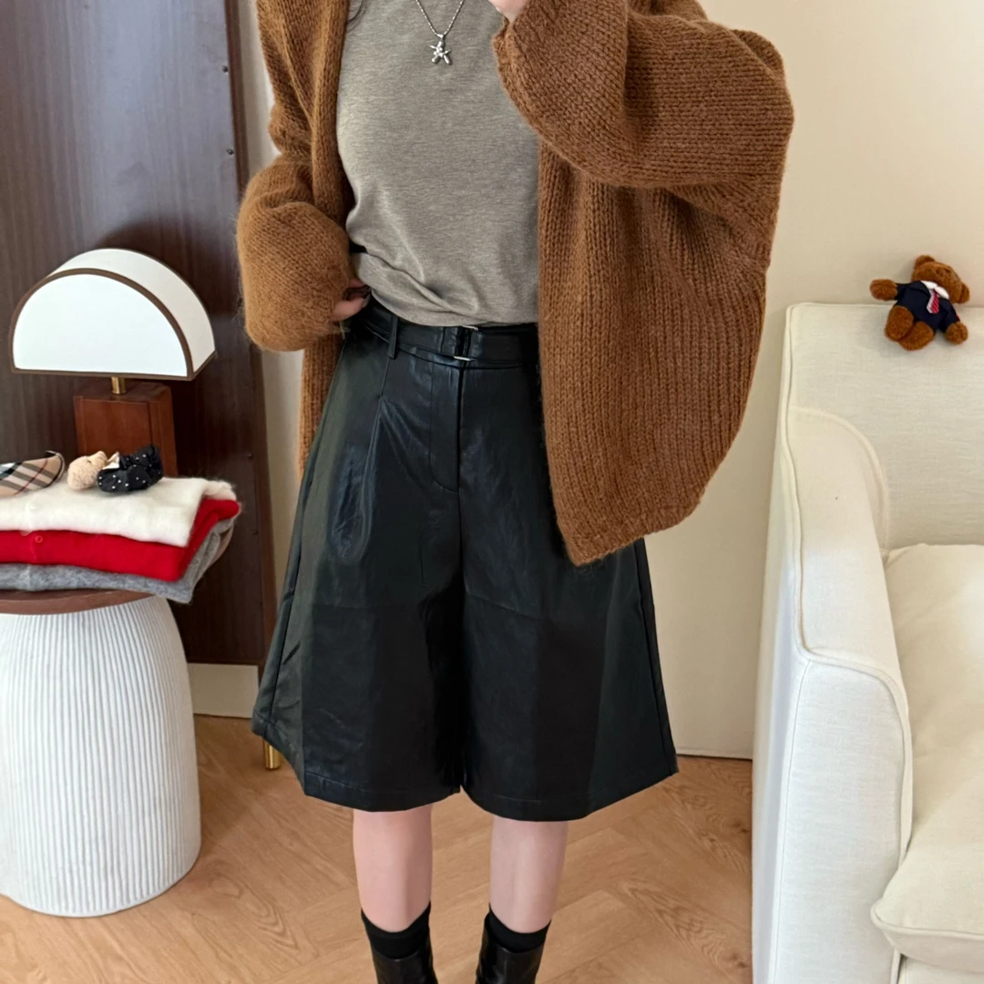 【一四六Yisiliu】小个子摩登中古老钱风黑色阔腿半松紧腰PU皮中裤