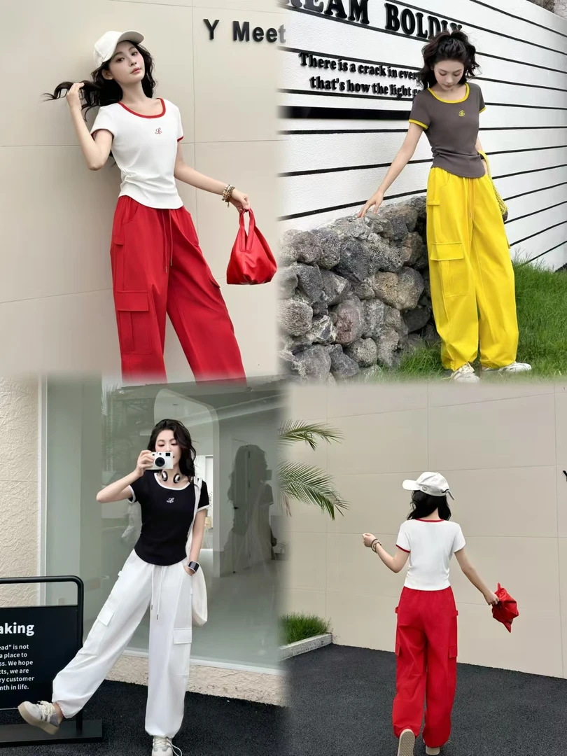 990夏季新款时尚套装女气质显瘦短款T恤+工装休闲裤两件套