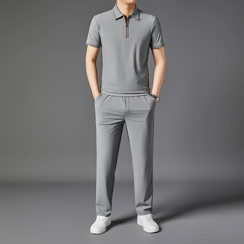 桑蚕丝无痕短袖POLO衫套装爸爸夏装中年男士冰丝t恤休闲裤两件套