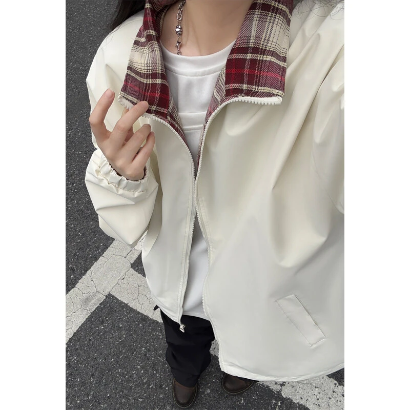 fitcheck格子拼接翻领夹克男款春季美式复古立领撞色棒球服外套潮