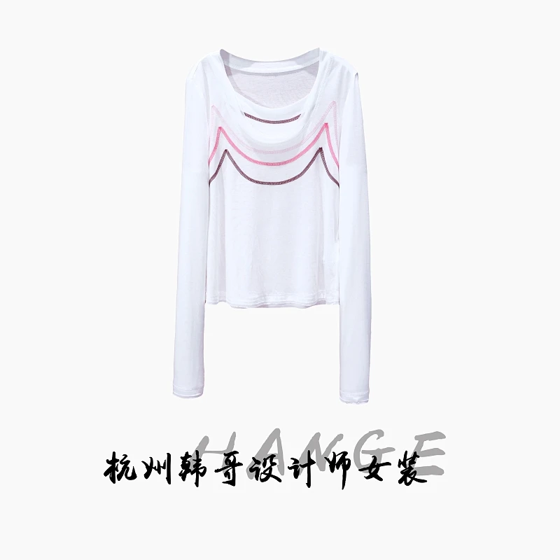 【韩哥女装】2025欧版米白色撞色明辑线条时尚高弹网纱上衣8921-C7