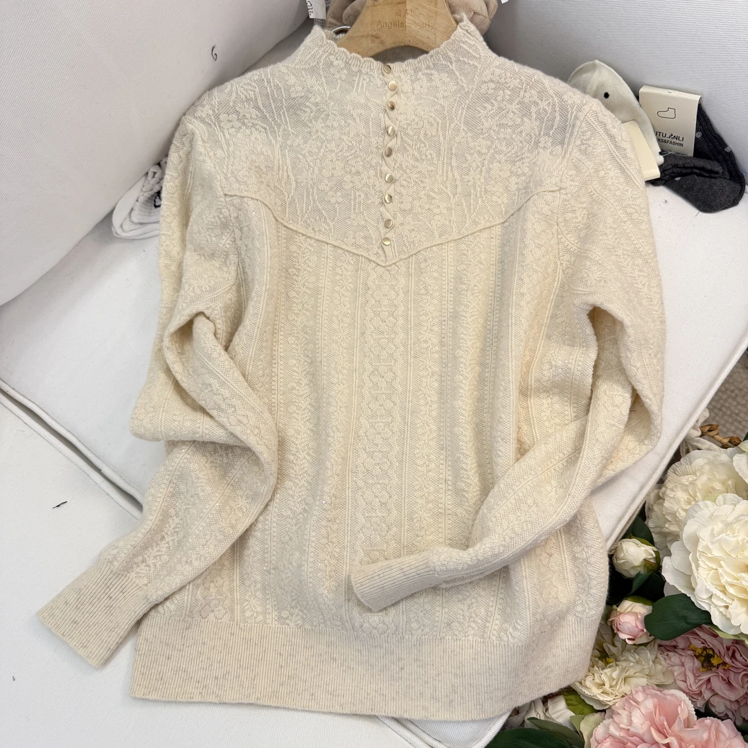 【鎏金扣】春季新款镂空纹路花边半高领打底衫2025内搭高级感针织女