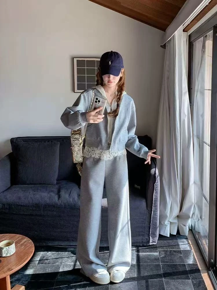欧洲站2025早春新款蕾丝连帽拉链外套假两件休闲直筒裤套装2-3