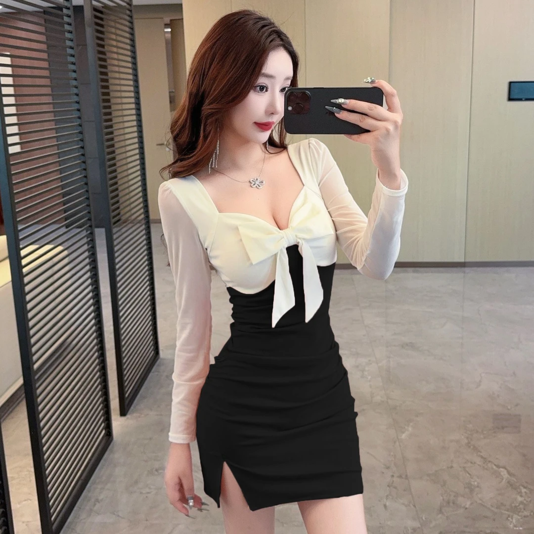 性感低胸修身长袖包臀短裙日系辣妹秋季网纱拼接撞色高弹力连衣裙