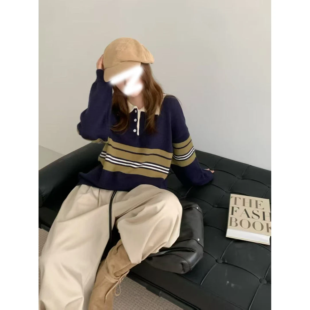 长袖条纹针织衫基础款POLO领撞色上衣翻领毛衣秋季学院风