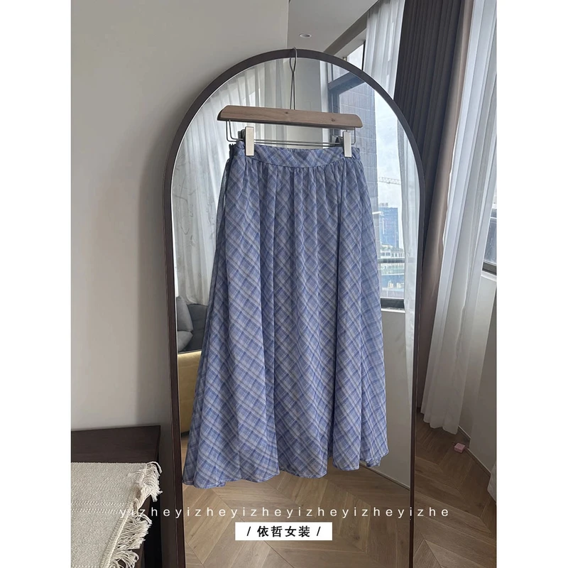 “”蓝格子A字裙“”白色半身裙女显瘦时尚中长款A字裙