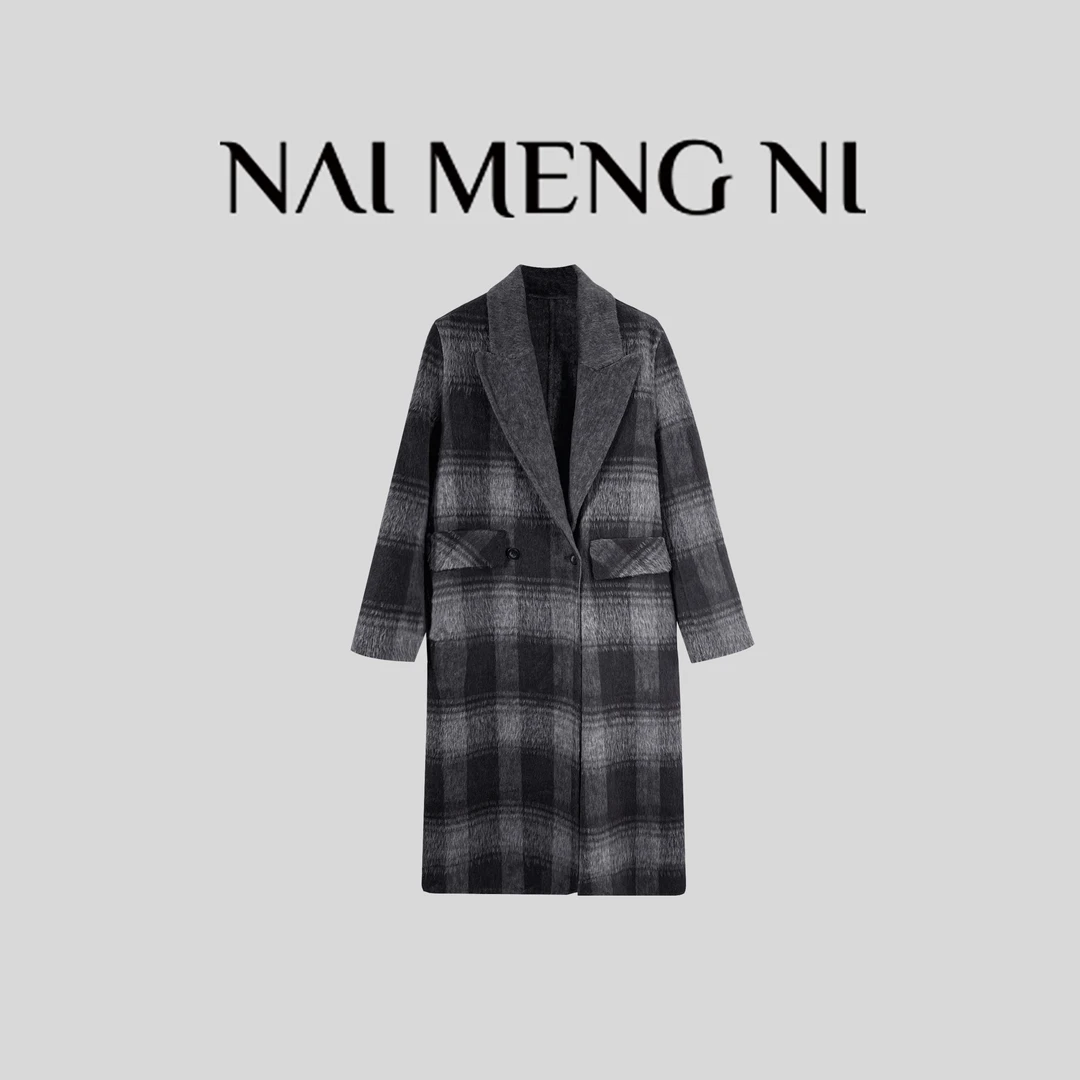 NMN王火火&设计师新款100%羊毛翻领口袋格纹时尚大衣 25HH6998