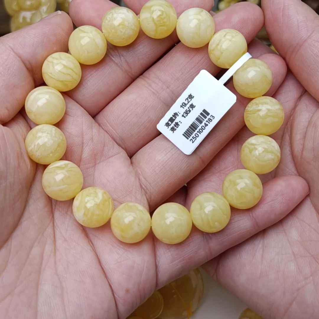 未镶嵌蜜蜡手链12大加圆珠白蜡虎皮纹17.5手围高货