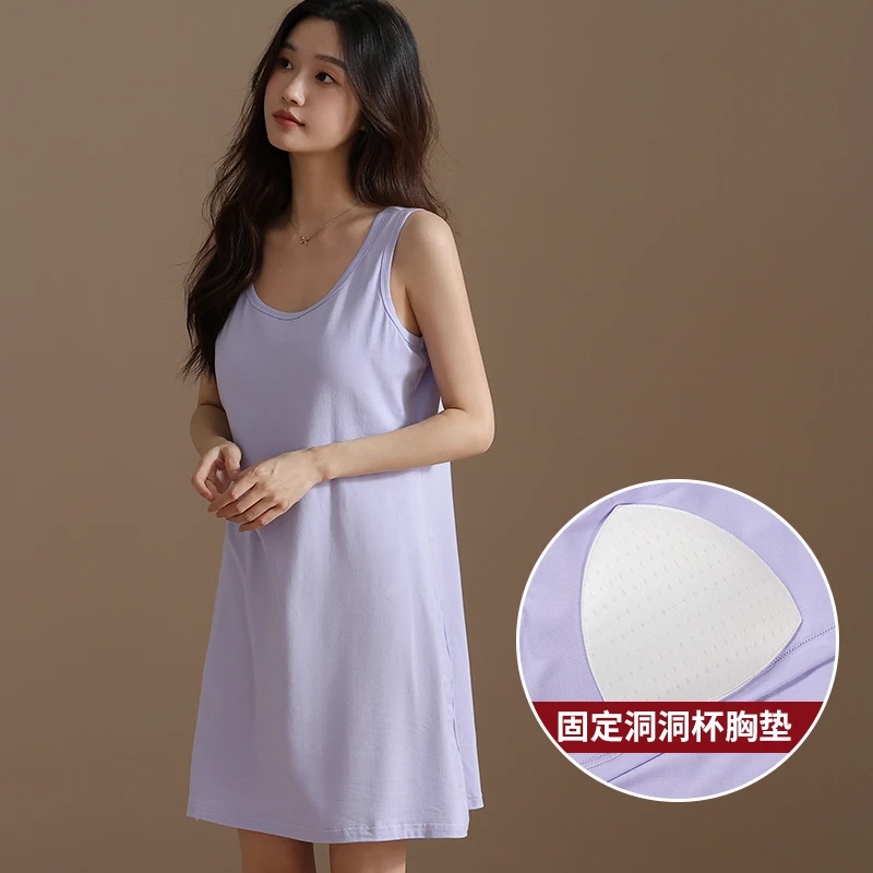 薄款性感夏季无袖中长款带胸垫睡裙夏天女士女款连衣裙赫本风吊带