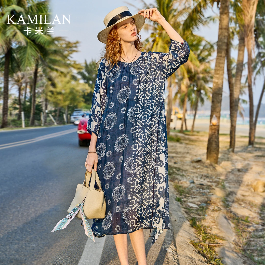 [苎麻]卡米兰印花连衣裙女2025春夏季新款中长款七分袖拼接A字裙