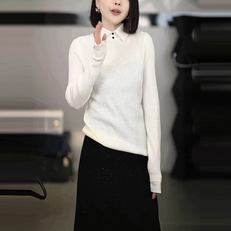 秋季新款气质女装高级感洋气纯色翻领长袖打底衫T恤显瘦时髦上衣