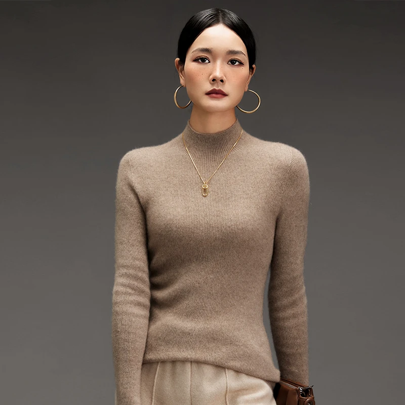100%山羊绒一线成衣抽条女半高领修身时尚秋冬打底衫内穿外搭R03