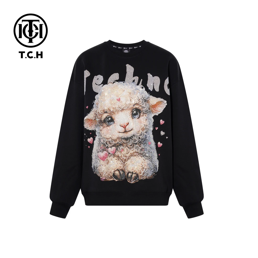 TCH软萌卷毛小羊烫钻甜酷少女黑色圆领卫衣26春夏新款T78A116005