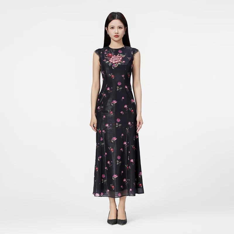 SUSSI/古色25【粉调佳人】夏圆领蕾丝飞袖印花鱼尾连衣裙