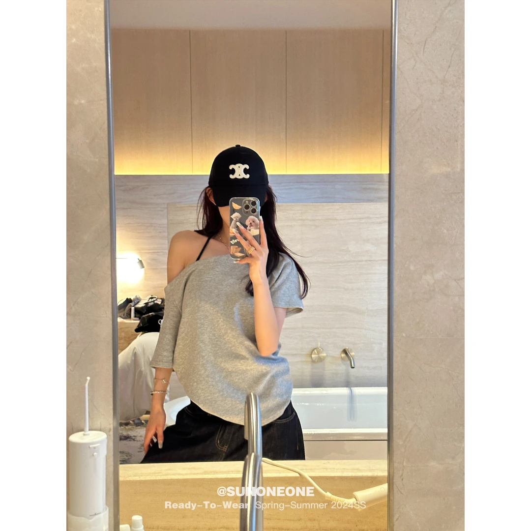 SUNONEONE 宽松两穿T恤女夏一字肩显瘦薄款设计感短袖上衣H0400T