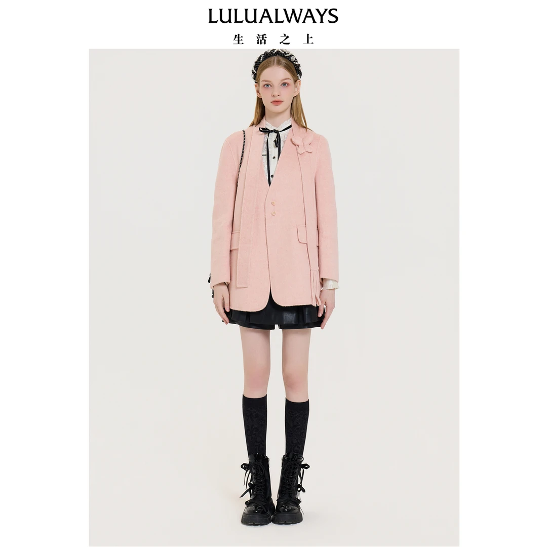 LULUALWAYS我爱露露25冬季新款甜美温柔优雅宽松毛呢V领大衣外套