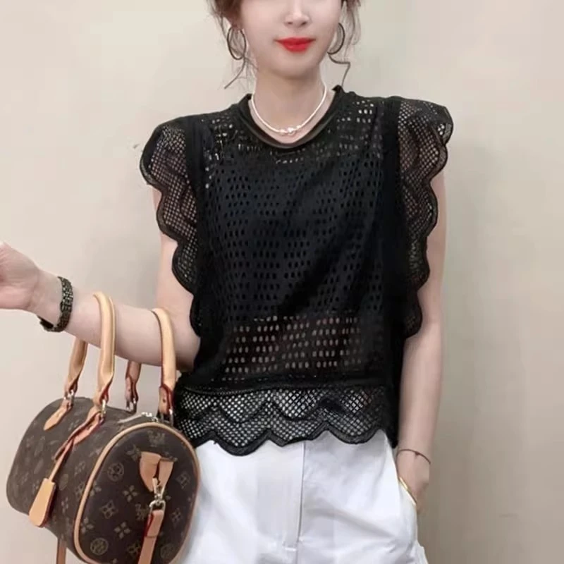蕾丝镂空设计感背心T恤衫女2025新款夏季韩版时尚飞飞袖洋气上衣