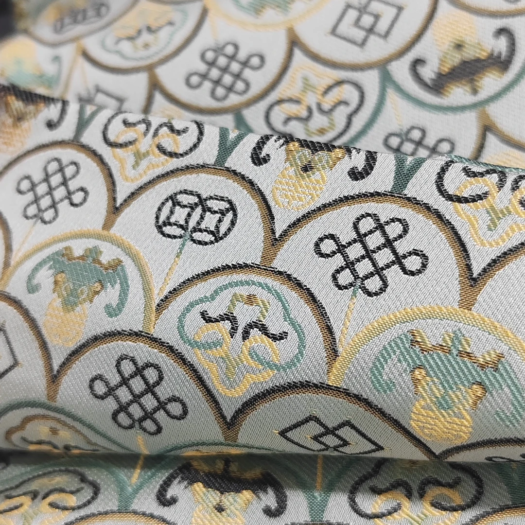 约33姆米真丝宋锦面料蓝绿色调蝠纹鱼鳞纹路布料面料宽135CM