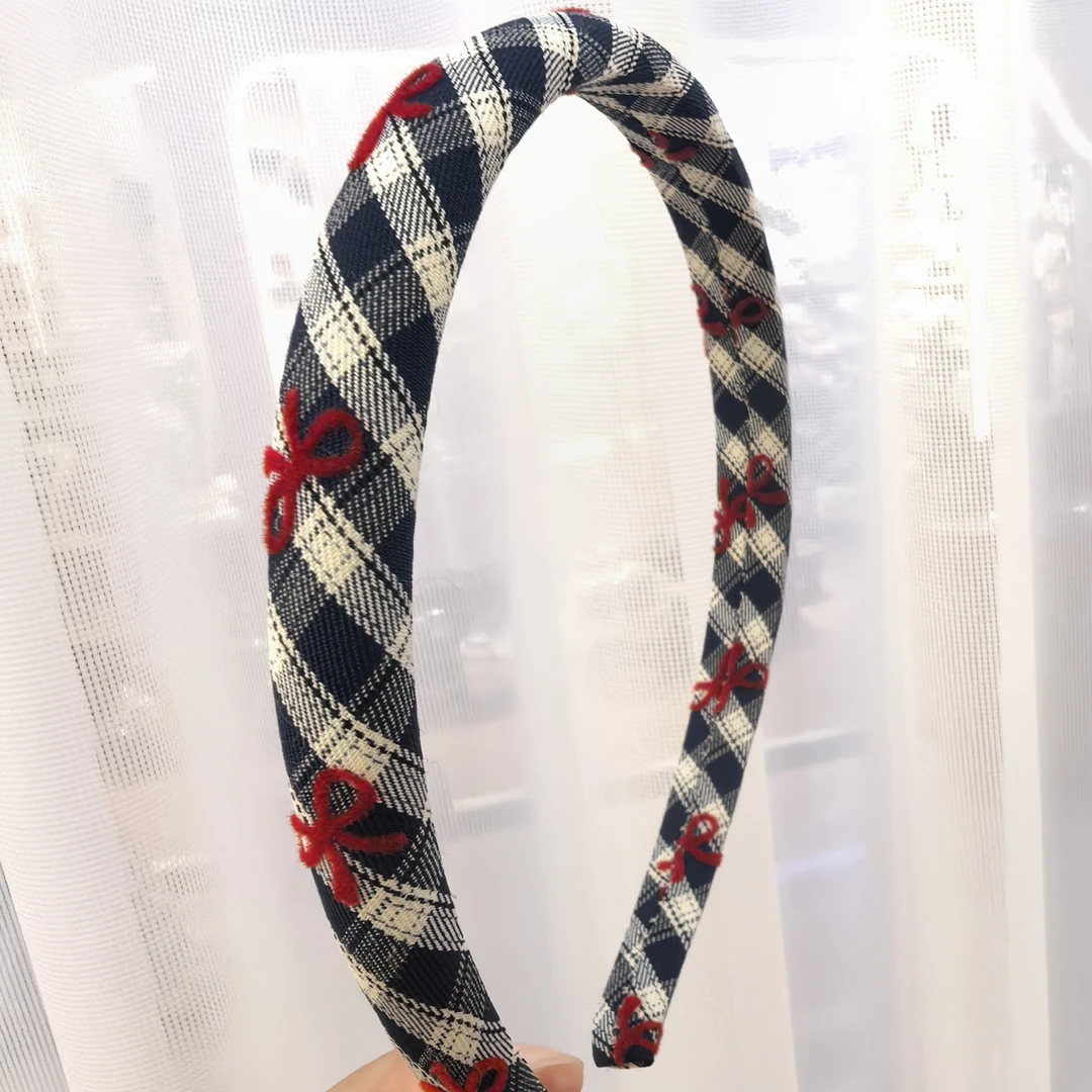 D088蓝色格子蝴蝶结窄条发箍