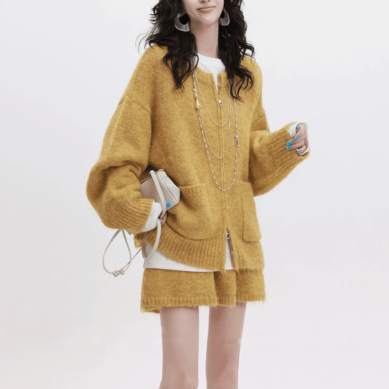 【暖冬纪事】复古纯色百搭开衫毛衣冬季休闲高腰短裙女时尚两件套